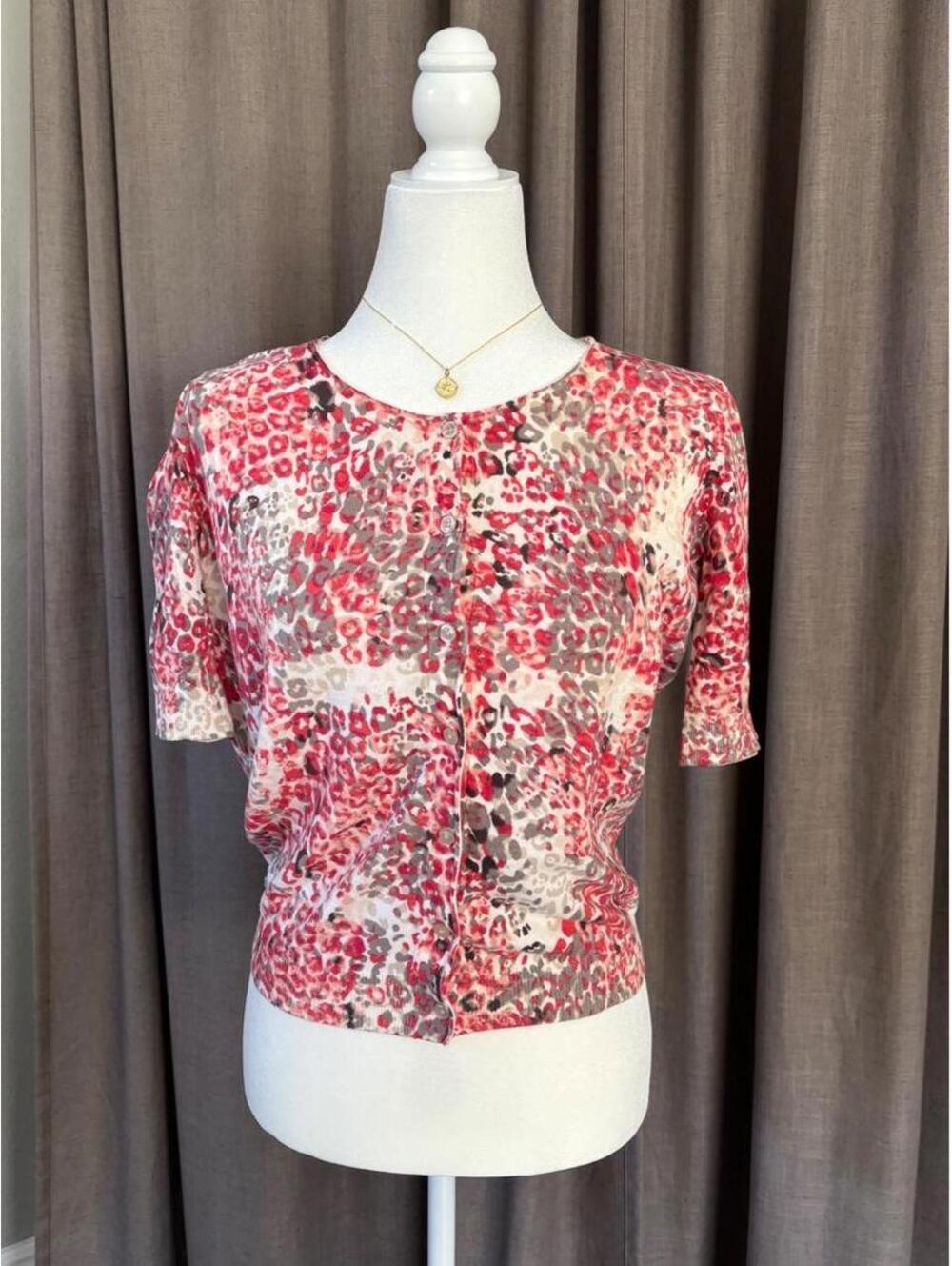 Ann Taylor Petite Red Watercolor Leopard Cotton Cardigan MP